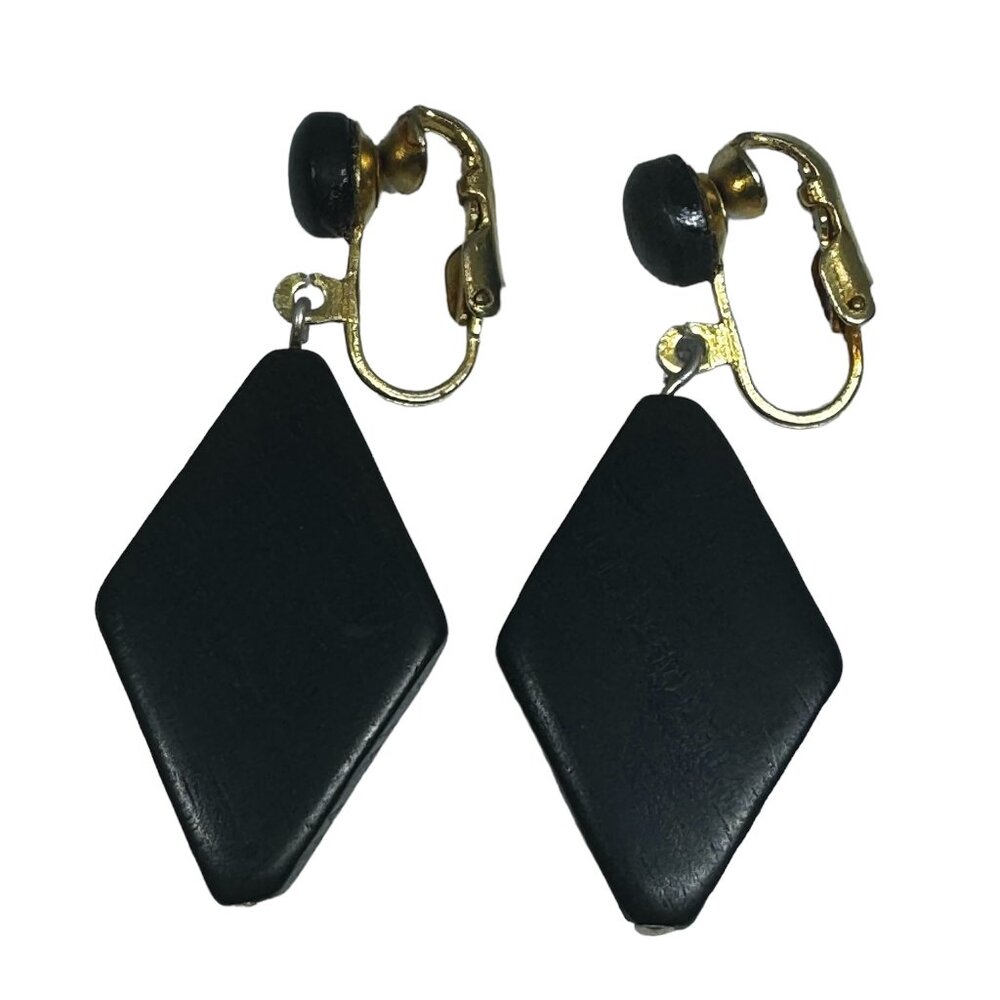 Art Deco Whitby Jet Drop Earrings Gold Plated Clip On 1920s Mourning